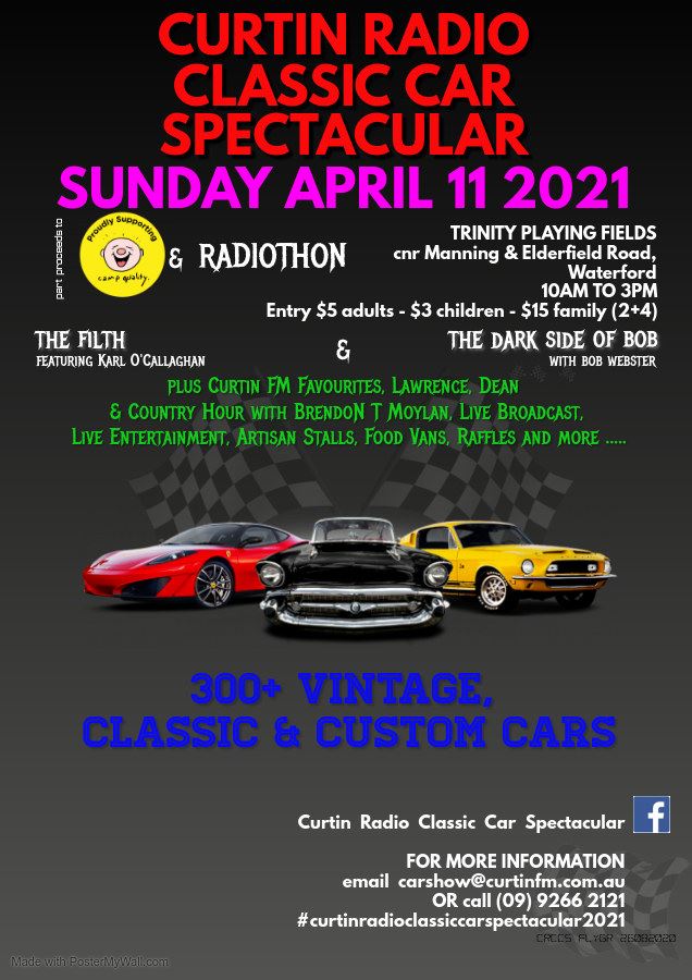 Flyer for Curtin Radio Classic Car Spectacular, to be held on Sunday Aprill 11 2021 at Trinity Playing Fields, Waterford.